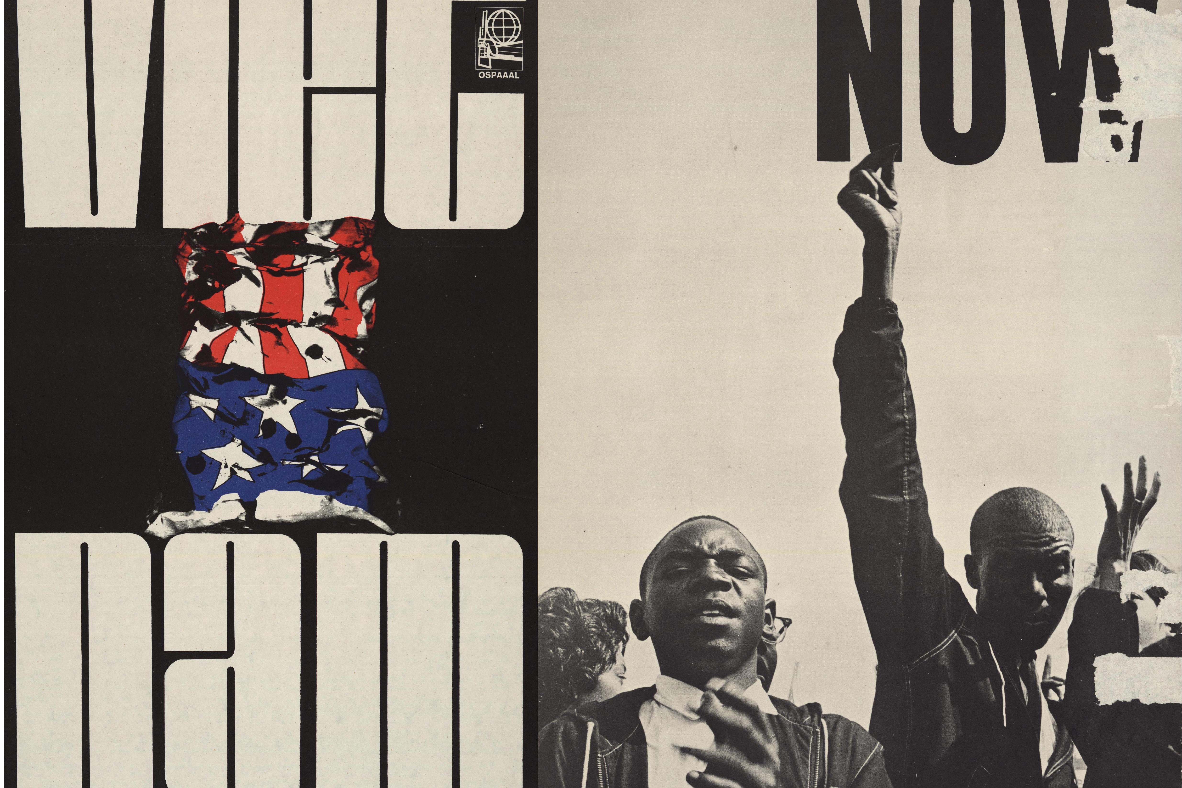 VietNam with an Uncle Sam hat, and Black protesters with hands raised.