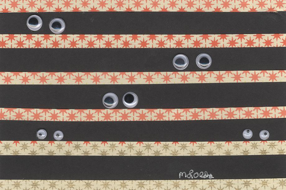 striped background with five sets of googly eyes