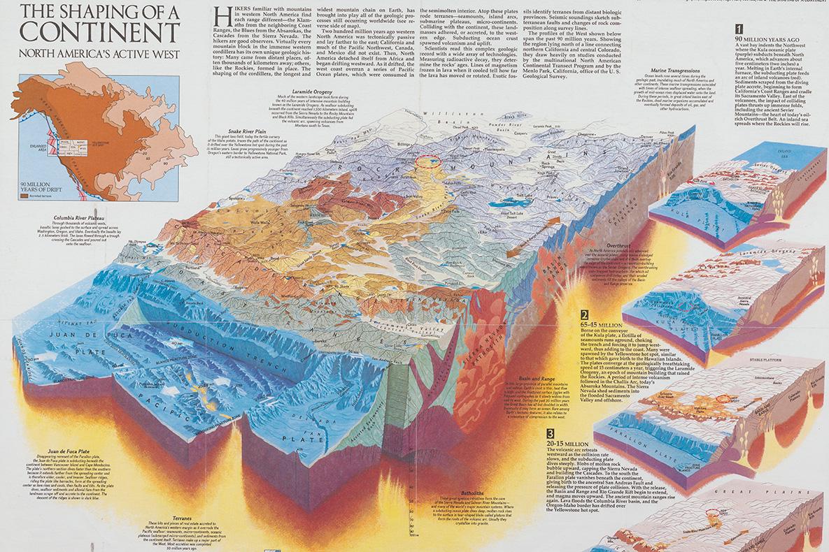 Colorful slices of earth plates that determine North America's topography.