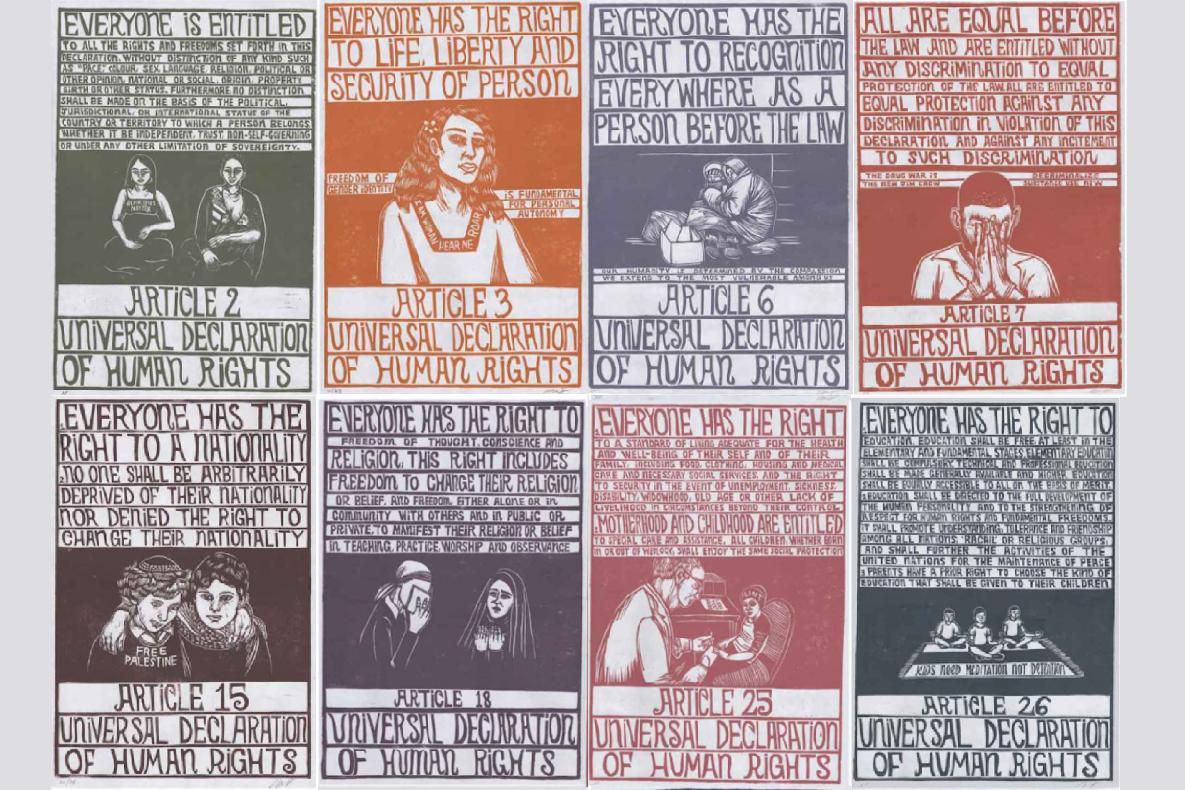 Depiction of eight human rights, such as the right to life, liberty and security of person.