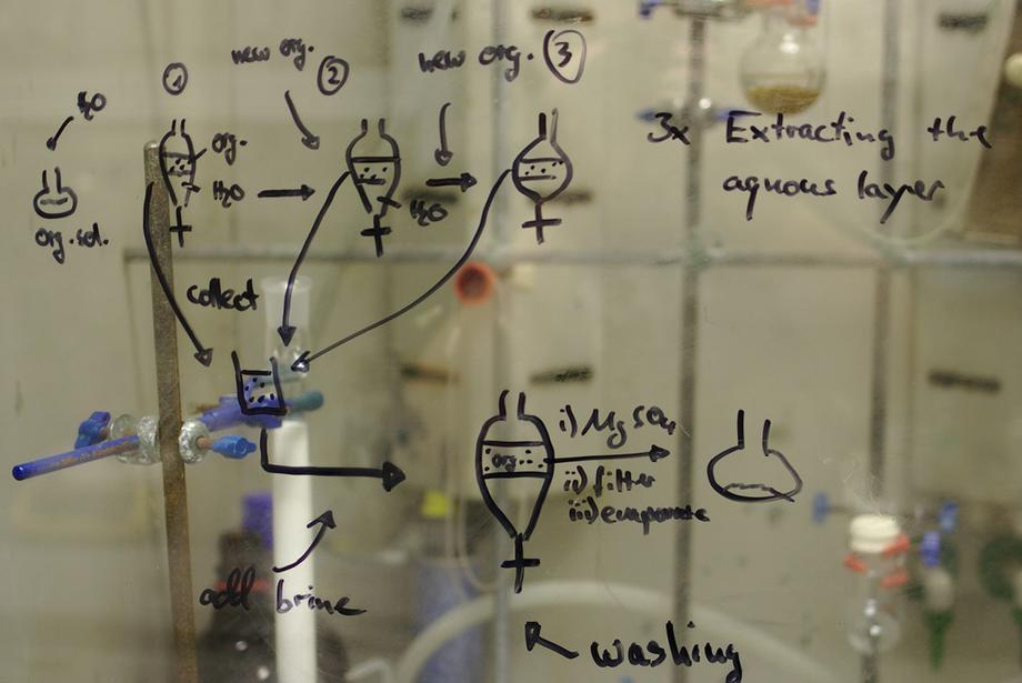 Work up of a chemical reaction sketched on fume hood sash glass