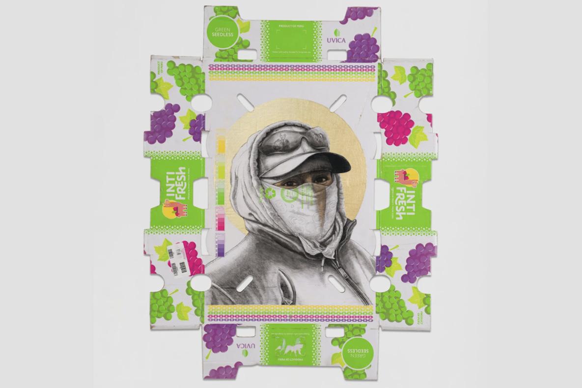 Painting of a person with their face covered by a bandana.