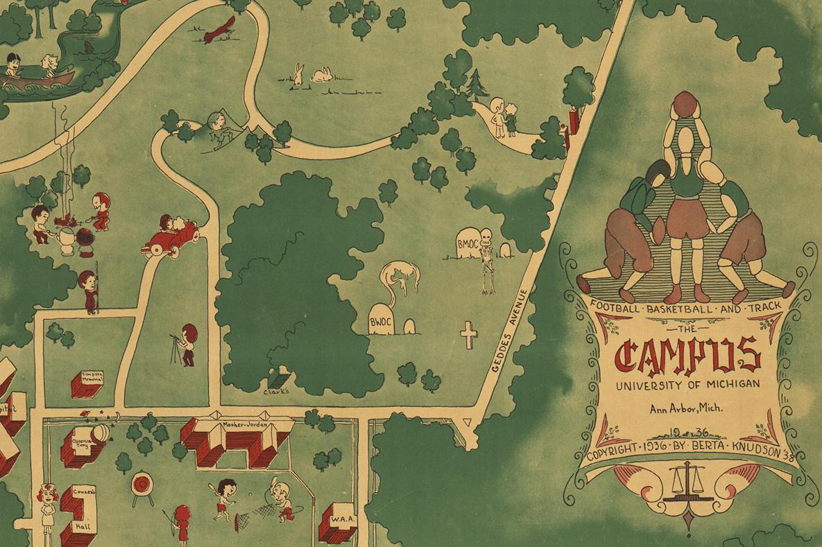 Simplified map with inset of three athletes and the text football, basketball, and track, the campus, University of Michigan, Ann Arbor, Mich, copyright 1936 by Berta Knudson 38.