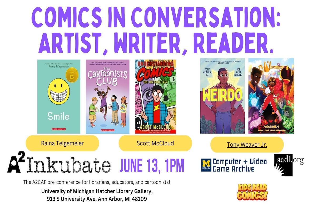 Comic covers and names of panel discussion participants: Raina Telgemeier, Scott McCloud, and Tony Weaver Jr.