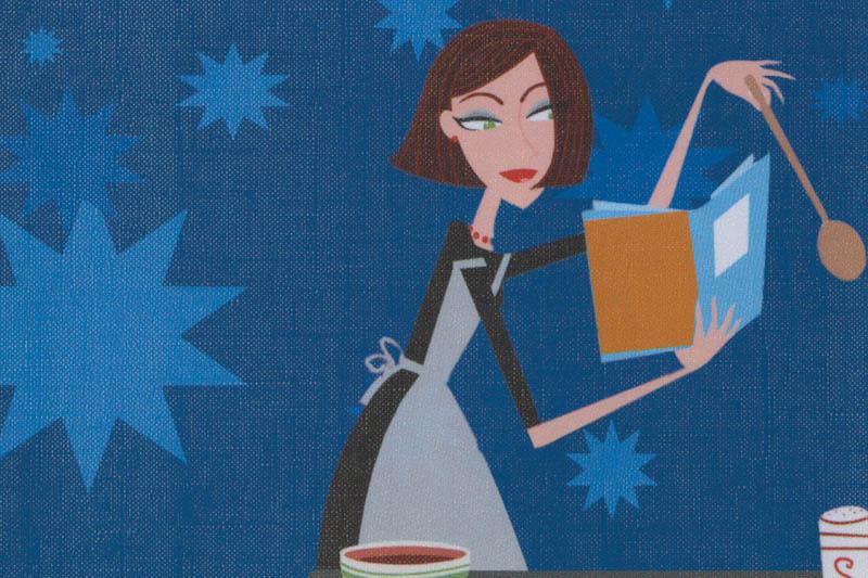 Retro style illustration of a woman in an apron holding a book and spoon.