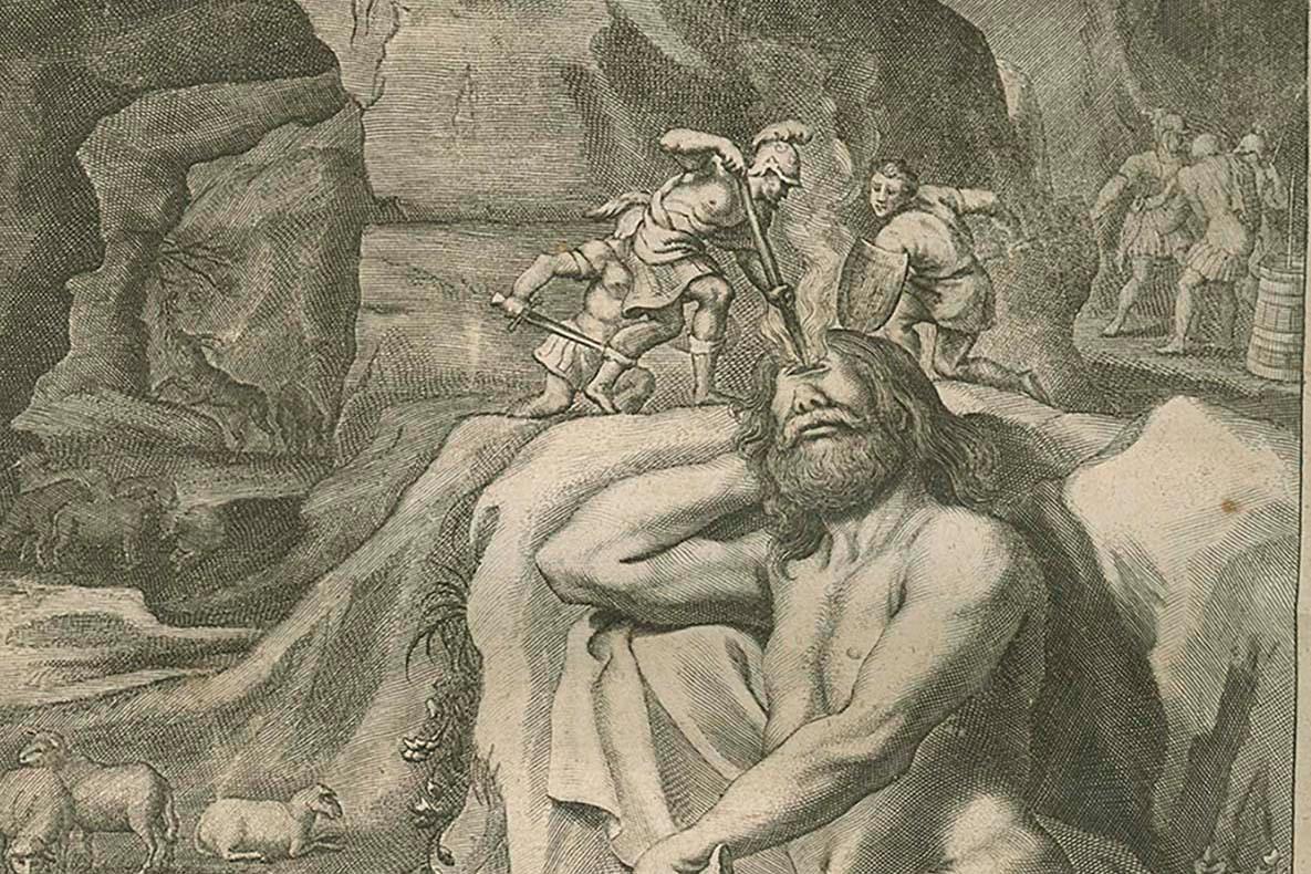 Giant cyclops being blinded by three humans while additional human figures gather in the background.