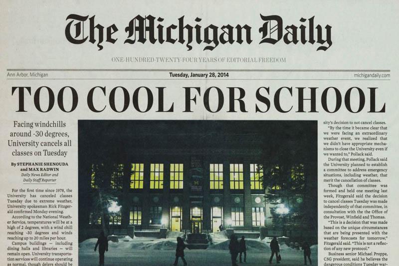 Front page of an issue of the Michigan Daily newspaper with a top headline that says "Too cool for school."