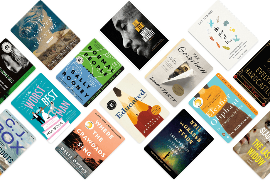 A design that shows a dozen book covers shown face up with visible titles and design.