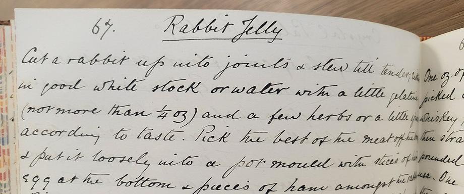 Top of a recipe page for Rabbit Jelly, hand written in cursive script.