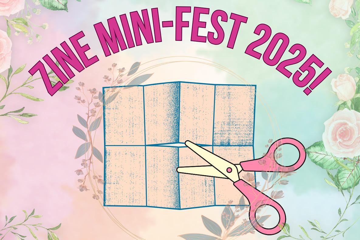 Zine Mini-fest 2025, and a pair of scissors cutting scored paper.