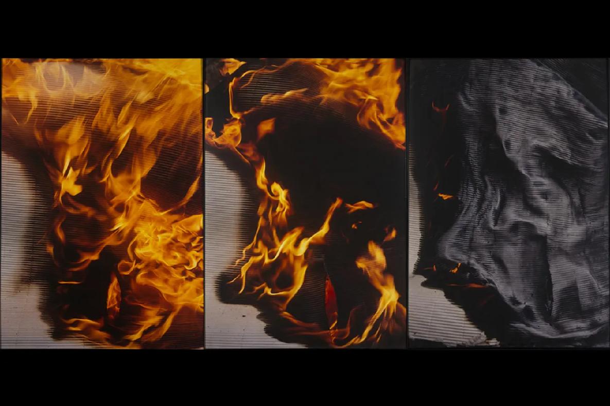 Three photos showing the progression of flames consuming fabric.