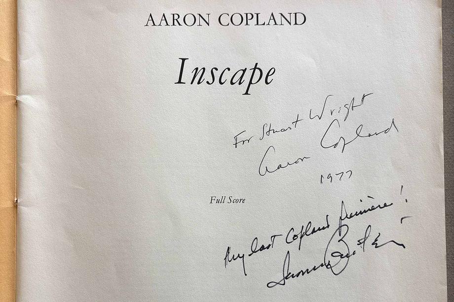 Title page to the full score of Aaron Copland's Inscape, with two signature inscriptions by Copland and Leonard Bernstein dated 1977, and the Boosey & Hawkes publisher's mark at the bottom.
