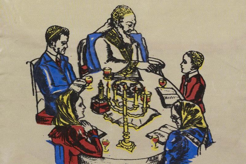 Drawing of a family at Seder with only the colors black, red, yellow, and blue used.