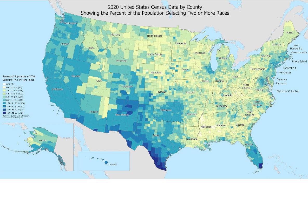 Map of the U.S. using colors to show the concentration of mixed race people by county.