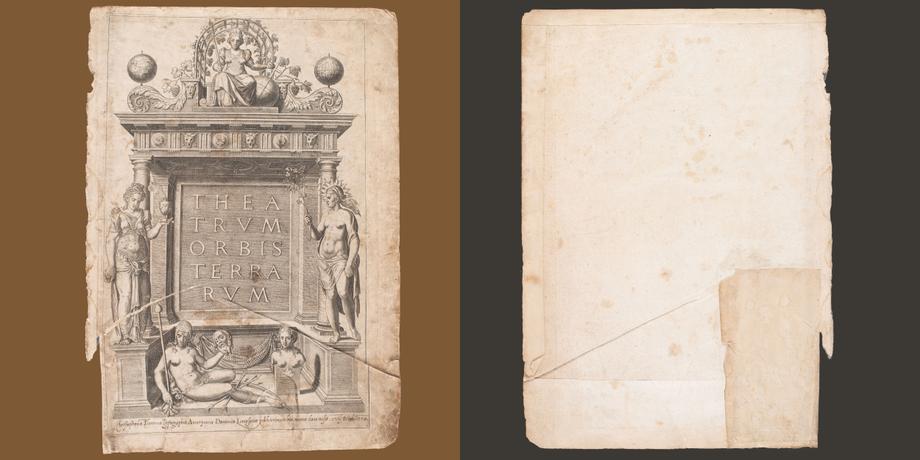 The front and back of a yellowed, damaged title page.