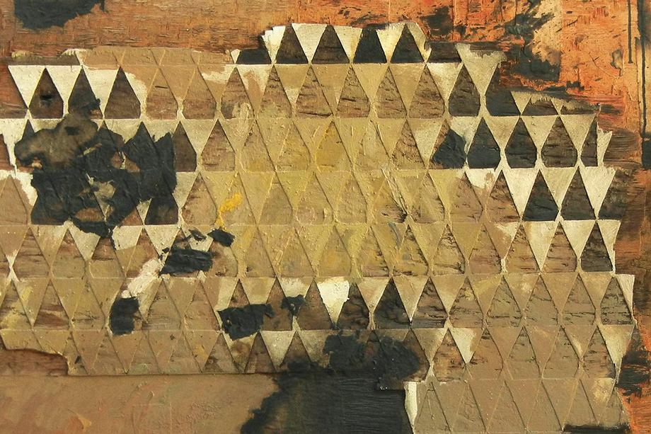Abstract art in black, brown, beige, and terra cotta colors.
